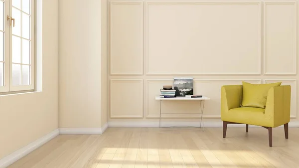 Moderne Und Klassische Wohnraumgestaltung Hauskonzept Gelber Sessel Mit Holzboden Und Stockbild