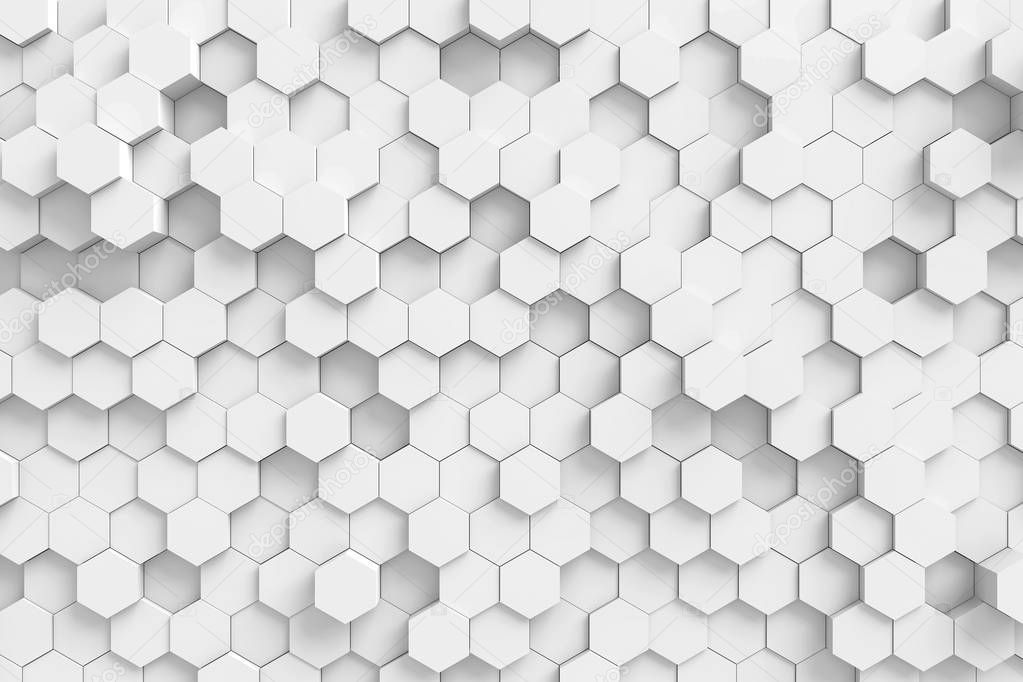 3D render white geometric hexagonal abstract background. Surface hexagon pattern, hexagonal honeycomb