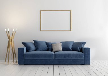 Mavi kanepe ve çerçeve, 3d render ile iç