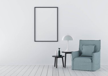 poster çerçevesi modern iç arka plan, oturma odasında, beyaz duvar, sandalye ve masa, İskandinav tarzı, 3d render kadar alay