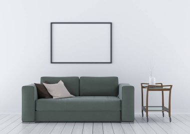 poster çerçevesi modern iç arka plan, oturma odasında, beyaz duvar, kanepe ve tablo, İskandinav tarzı, 3d render kadar alay