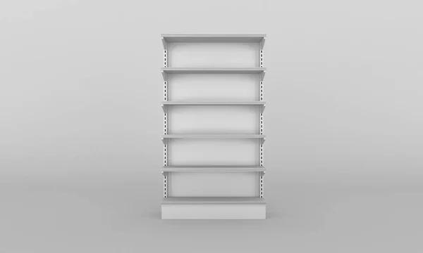 Creative 3d render of empty store shelves isolated on background. Retail shelf design. Abstract concept graphic showcase display element. Supermarket product advertising blank mockup.