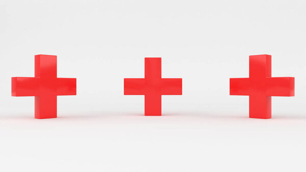 3d white plus sign with three different view angles isolated on white background with shadow. 3D rendering.