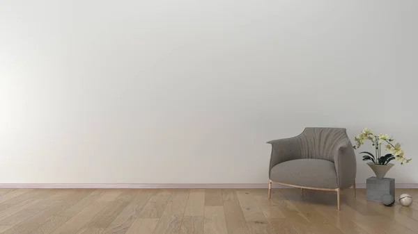 Wohnzimmerinnenraum Graue Sessel Auf Dem Fußboden Und Weiße Wand Stockfoto