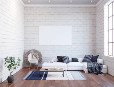 çatı katında salon tuğla duvar ile 3D render