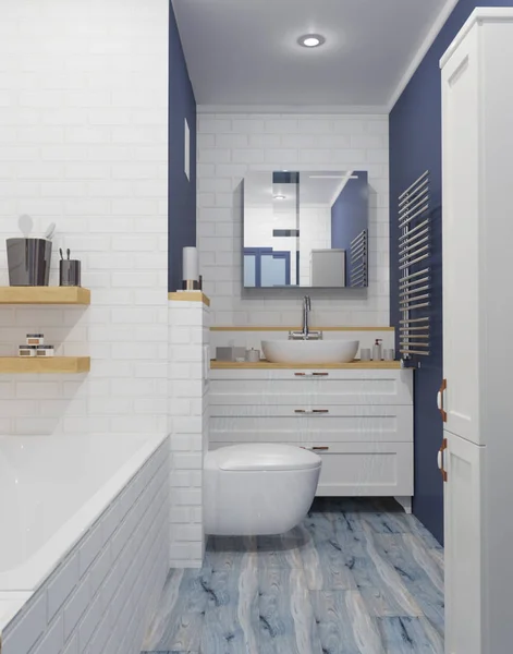 Renderização Novo Banheiro Azul Branco — Fotografia de Stock