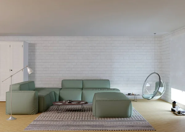 Rendering Van Moderne Woonkamer Met Sofa Van Munt Glas — Stockfoto