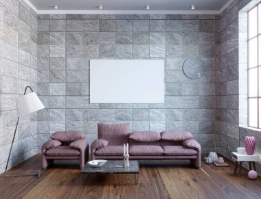 yeni çatı katında salon iç tozlu pembe kanepe ile 3D render