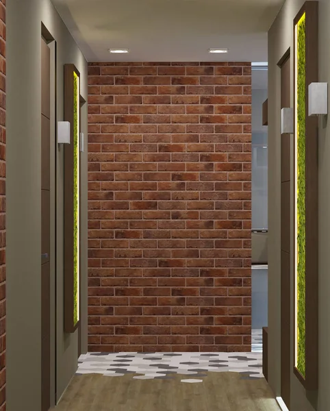 生态风格的新阁楼走廊 砖墙潘诺和青苔 — 图库照片