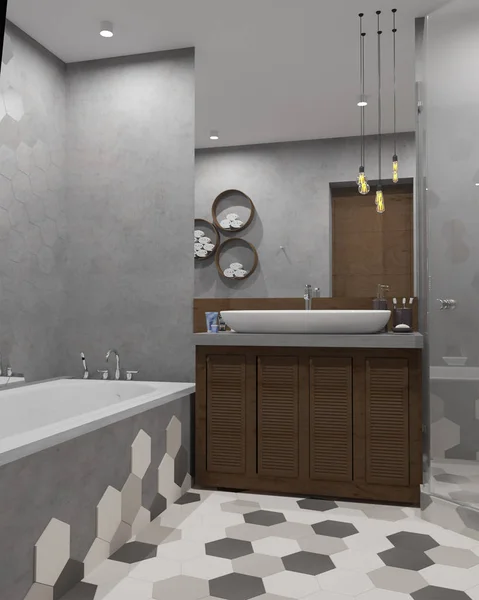 Novo Loft Concreto Cinza Banheiro Design Interiores — Fotografia de Stock