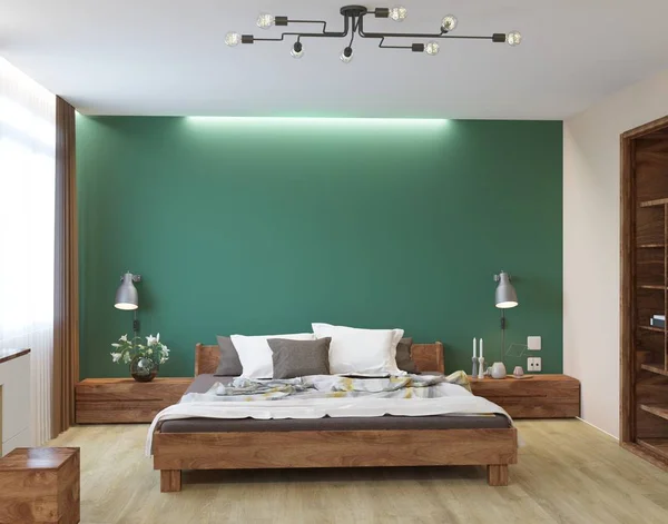 Nieuwe Eco Stijl Luxe Slaapkamer Met Groene Muur — Stockfoto