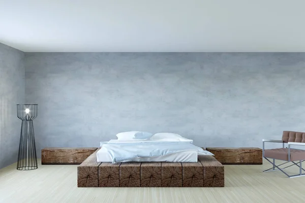 Weergave Van Nieuwe Loft Slaapkamer Met Hout Bed — Stockfoto