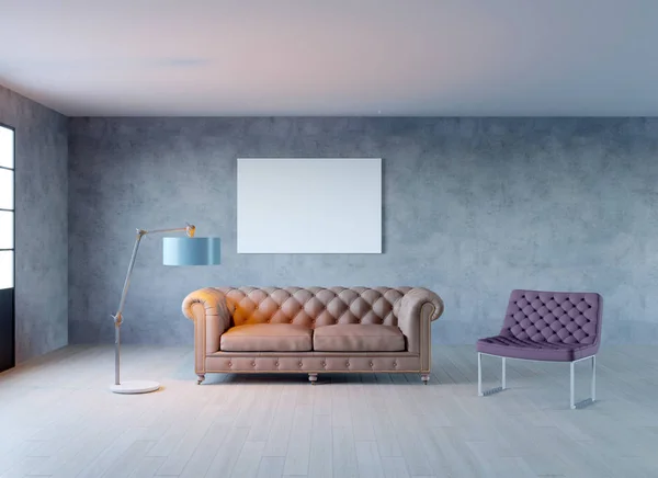 Rendering Klasik Kulit Sofa Beige Interior Loteng — Stok Foto