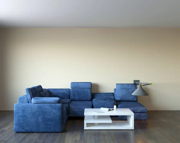 Rendering Dari Sofa Beludru Biru Dalam Desain Interior Modern — Stok Foto