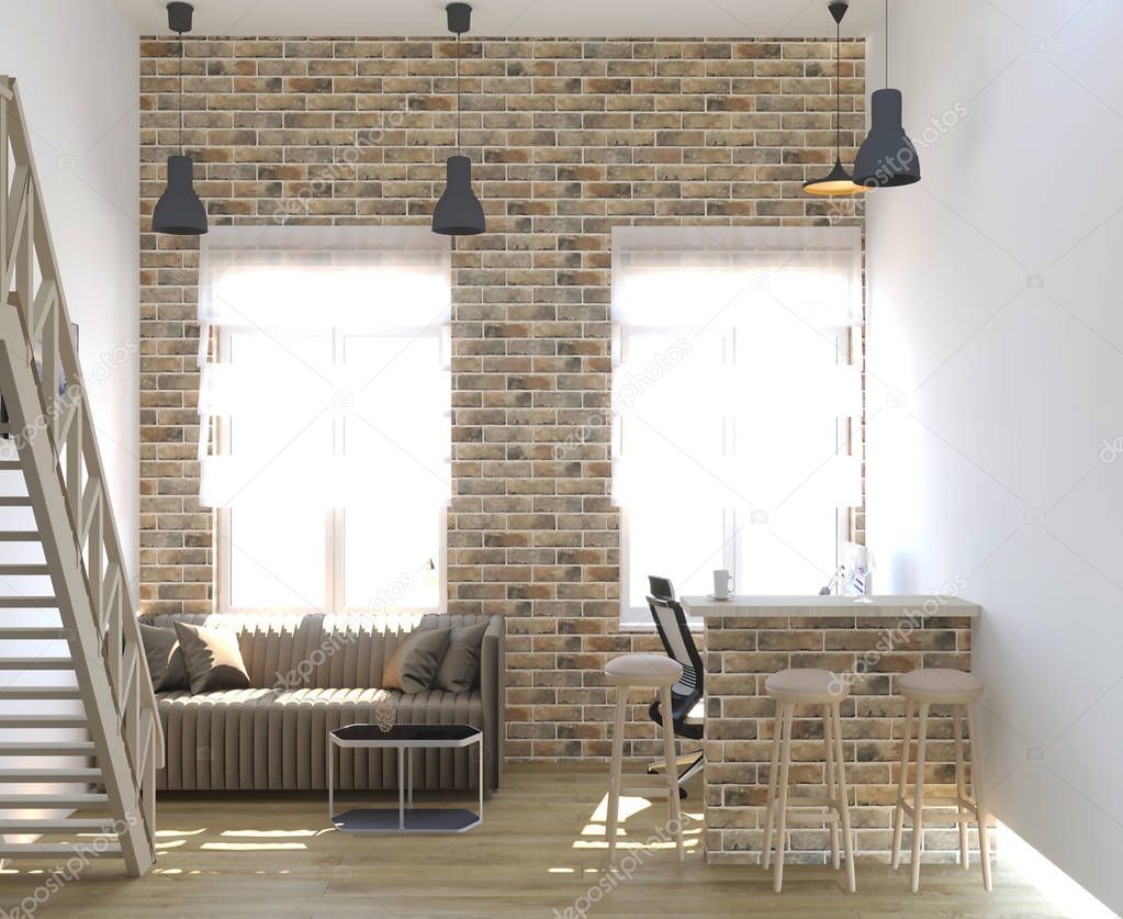 3d rendering of loft interior design with brick wall