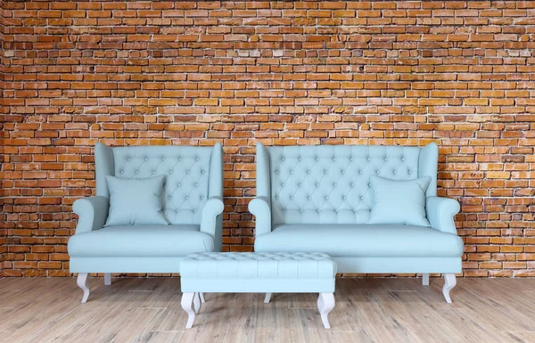 Rendeing Dari Dinding Bata Interior Loft Dengan Perabotan Biru Klasik — Stok Foto