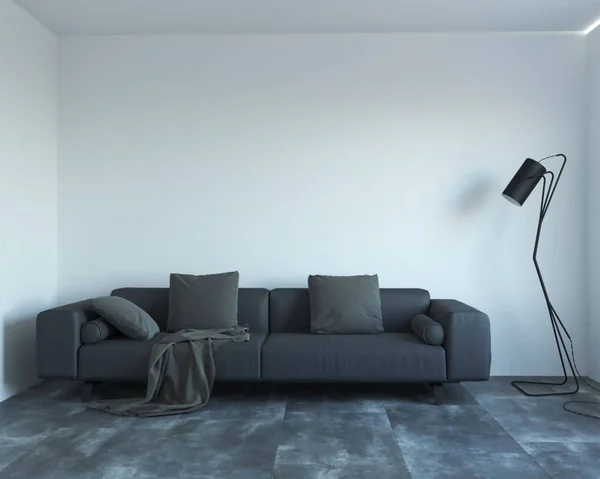 Rendering 3d di nuovi interni contemporanei con divano grigio — Foto Stock