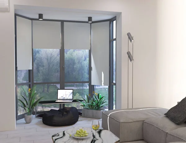 Rendering 3D del soggiorno con finestre panoramiche — Foto Stock