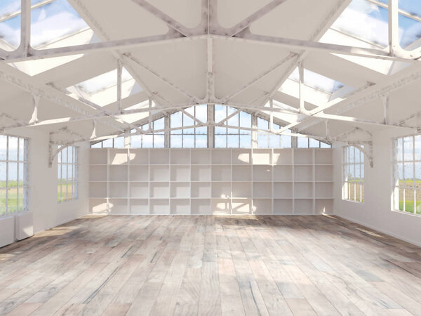 3d rendering of white hangar interior