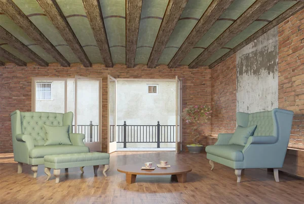 Rendering 3d di nuovi interni soppalco con pavimento in legno di quercia — Foto Stock