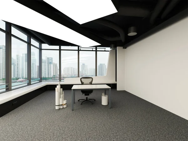 Rendering 3d di interni di grandi uffici con scrivania e sedia — Foto Stock