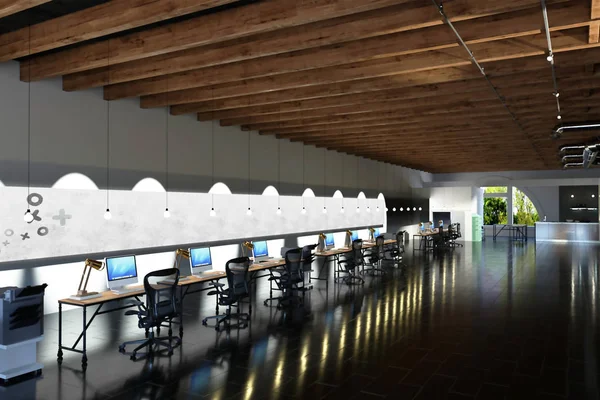 Renderowanie 3D dużego biura w stylu przemysłowym do coworkingu — Zdjęcie stockowe