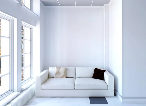 Rendering 3d di interni bianchi con divano — Foto Stock