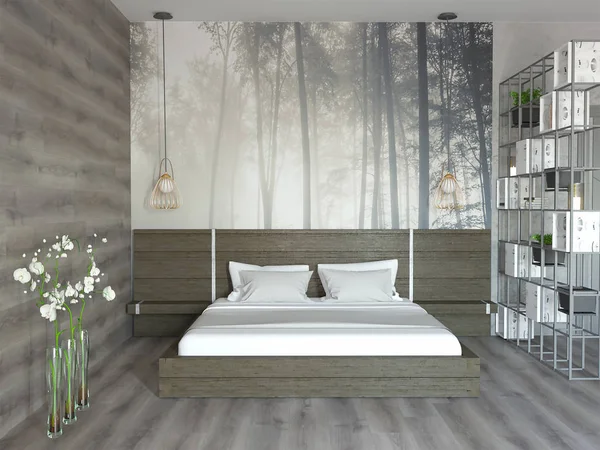 3D renderização do quarto de madeira estilo loft — Fotografia de Stock