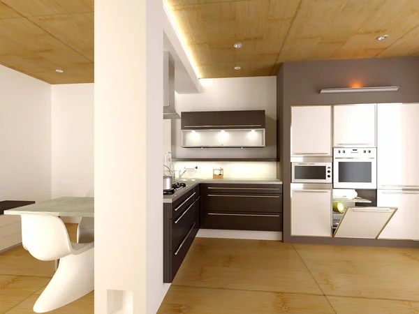 Rendering 3d di nuova cucina interior design — Foto Stock