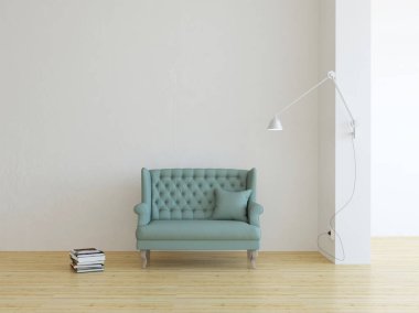 Klasik mavi kanepe ile yeni kavramsal iç 3d render