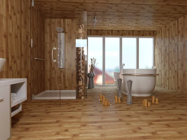 3d renderização de telhas de madeira banheiro design de interiores — Fotografia de Stock