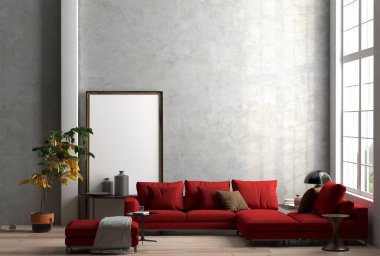 3 boyutlu model tasarımı, tavan arasında kırmızı kanepe ile birlikte.