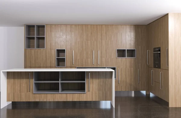 3D渲染新的木制厨房柜 — 图库照片