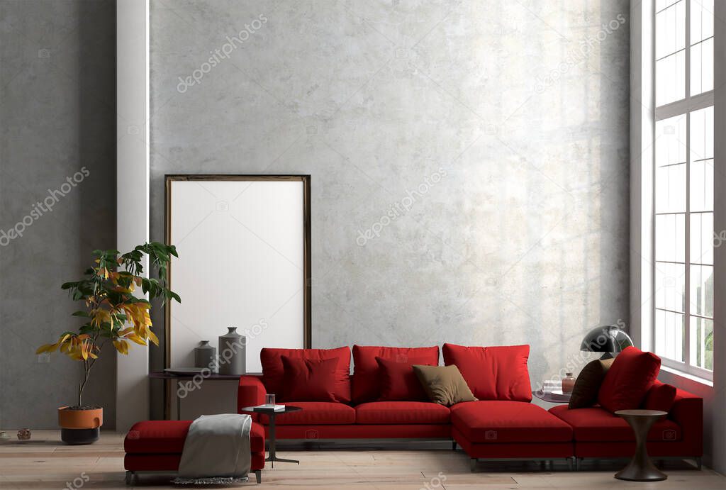 3d rendering of mock up pattern idea in loft interior with red sofa