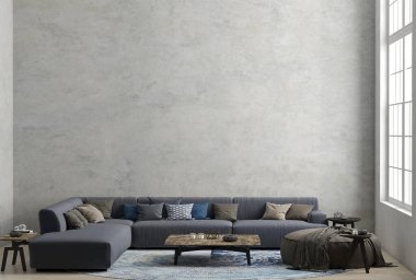 Büyük gri kanepeli üç boyutlu yeni bir çatı katı oturma odası..