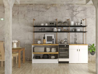 Beton iç dizaynlı yeni çatı katı mutfağının 3D tasarımı