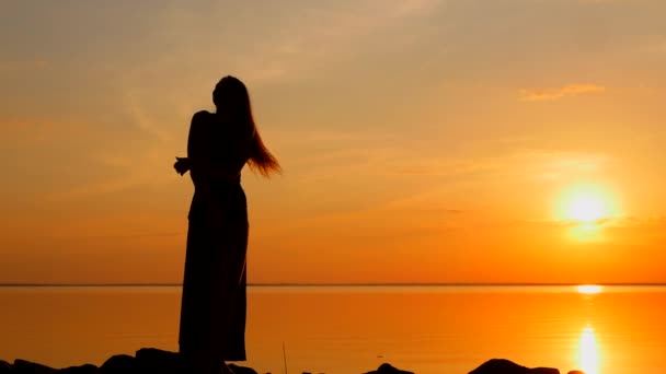 Silhuetas Menina Sexy Praia Pôr Sol Menina Está Dançando Pôr — Vídeo de Stock