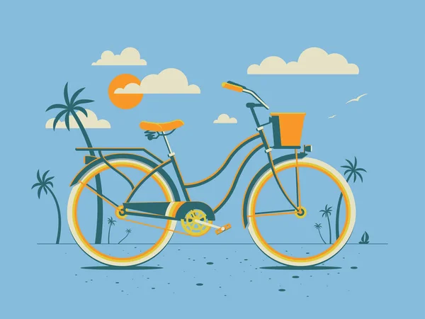 Bicicleta Estilo Retro Cruzador Praia Noite Com Sol Nuvens Céu — Vetor de Stock