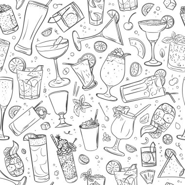 El ile Seamless modeli yaz kokteyl bardağına çizilmiş. Siyah ve beyaz stil vektör çizim tasarım Cafe menü, kart veya Poster.