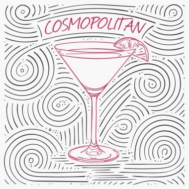 Yaz yazı - Cosmopolitan kartıyla. Girdap deseni kokteyl cam ile el yazısı. Vektör çizim tasarım Cafe menü, kart veya Poster.