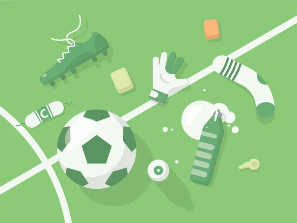Voetbal Soccer Achtergrond Met Sportuitrusting Zwart Wit Groen Verlicht Veld — Stockvector