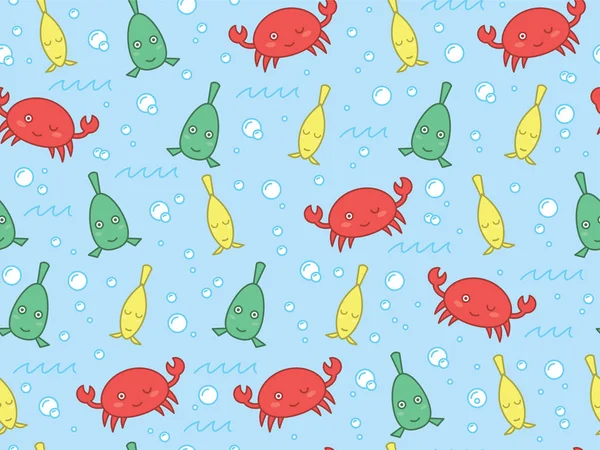 Marine Themed Childrens Pattern Color Crab Fish Summer Background Vector — Stock Vector