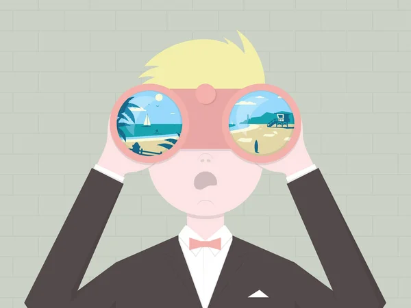 スーツのオフィス ワーカーは 双眼鏡で見えるし 海で休日を見ています 夏のベクトル図 — ストックベクタ