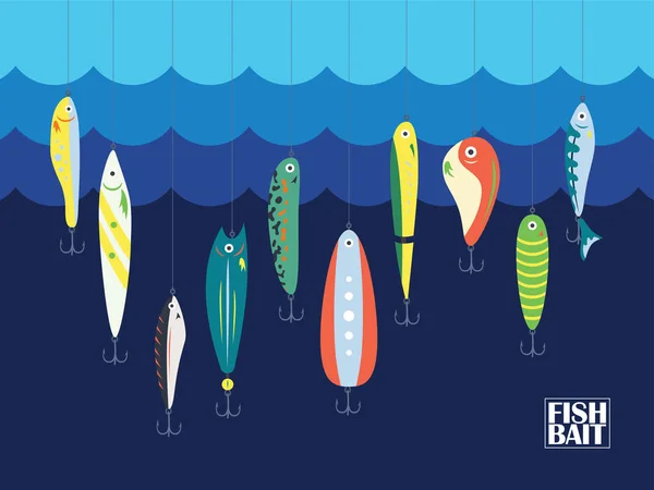 Appâts Pêche Différentes Couleurs Avec Grands Petits Poissons Bande Dessinée — Image vectorielle