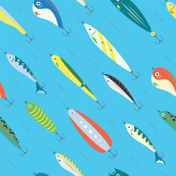 Seamless Pattern Different Color Fishing Bait Big Small Cartoon Fishes — Stock Vector