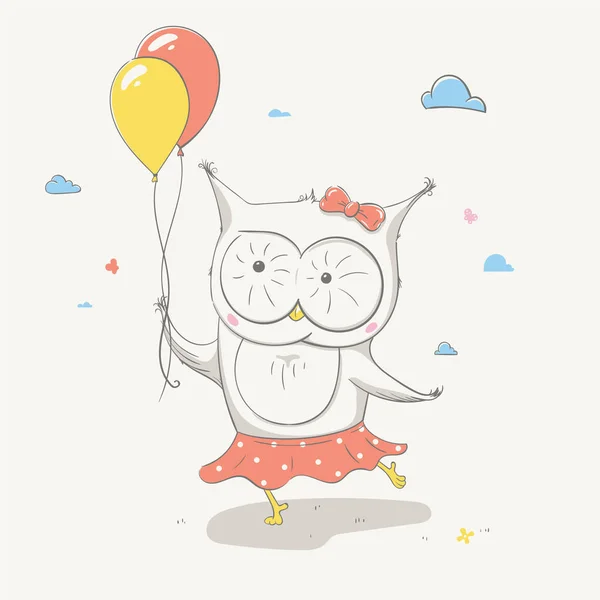 可爱可爱的小猫头鹰在一条裙子与圆点与两个五颜六色的气球 美丽的卡通动物 简单矢量图示 — 图库矢量图片