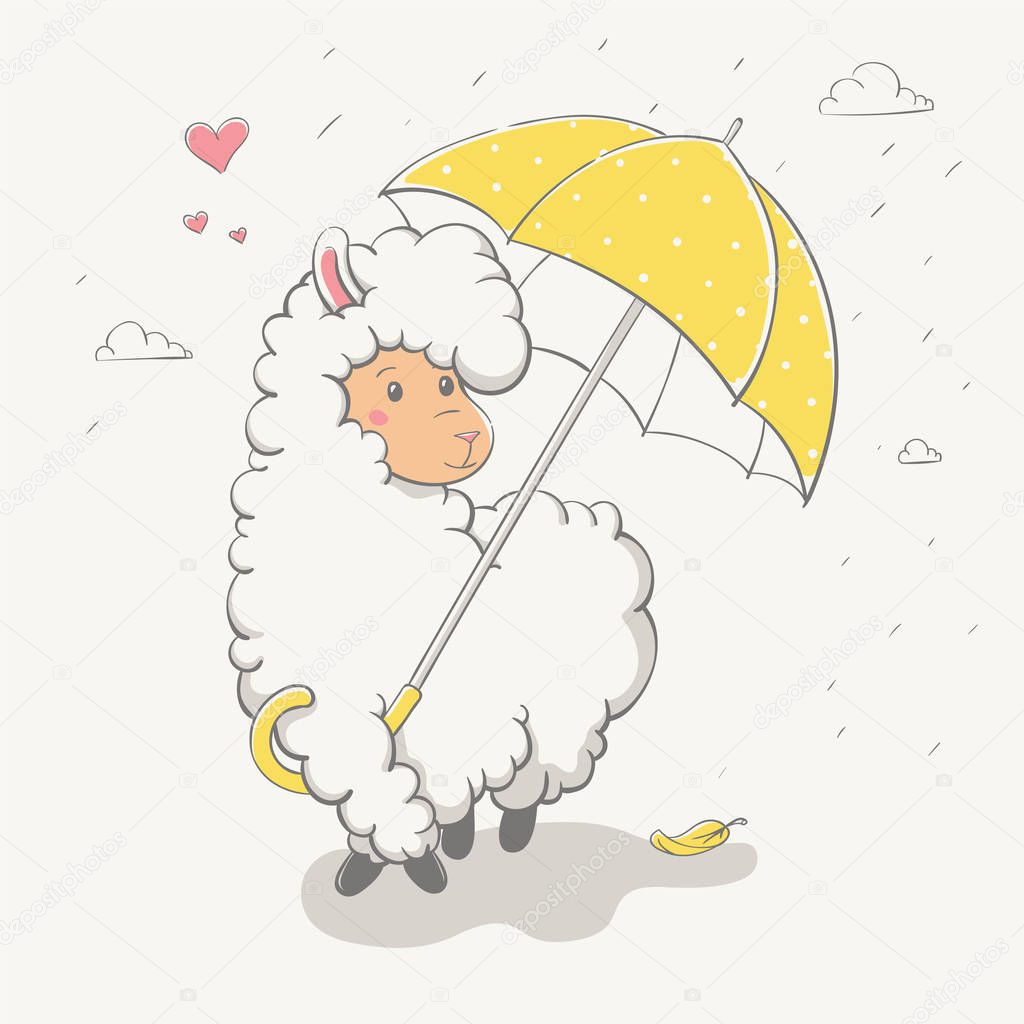 Lovely cute jumping llama / guanaco with a yellow umbrella with polka dots. Love cartoon animal. Easy vector illustration