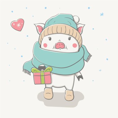 Komik atkı, şapka ve bir hediye ile keçe çizmeler çok güzel şirin neşeli domuzcuk gider. Karikatür hayvan ile kartı. Kolay vektör çizim