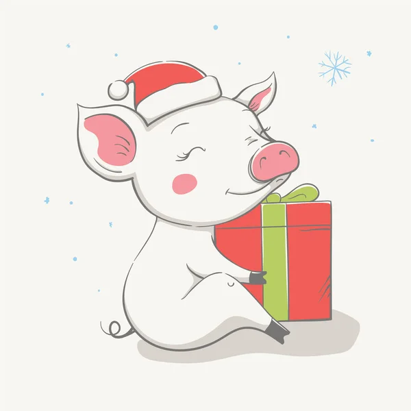 Όμορφη Χαριτωμένο Piggy Χαρούμενος Κάθεται Ένα Κόκκινο Καπέλο Χριστουγέννων Ένα — Διανυσματικό Αρχείο