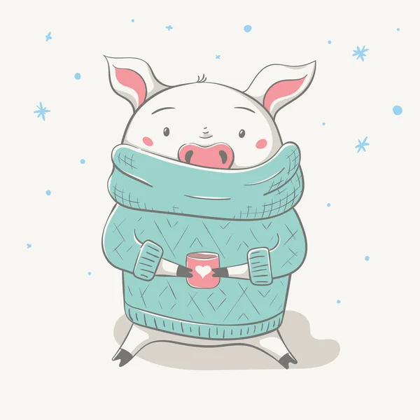 Joli Cochon Joyeux Mignon Assis Pull Jersey Avec Tasse Cœur — Image vectorielle